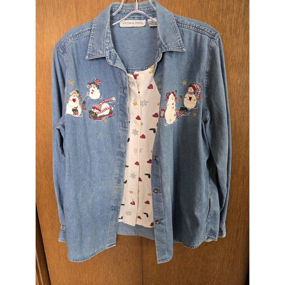 Victoria Jones Women Plus Size M Denim Christmas Shirt Blue‎ Button up Snowmen
